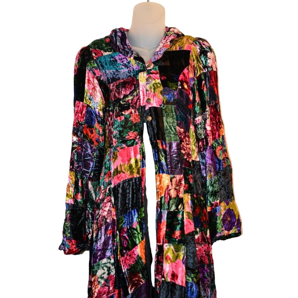 Betsey Johnson Vintage Cloak Jacket Crushed Velvet Long Patchwork Floral Hoodie - Picture 3 of 12